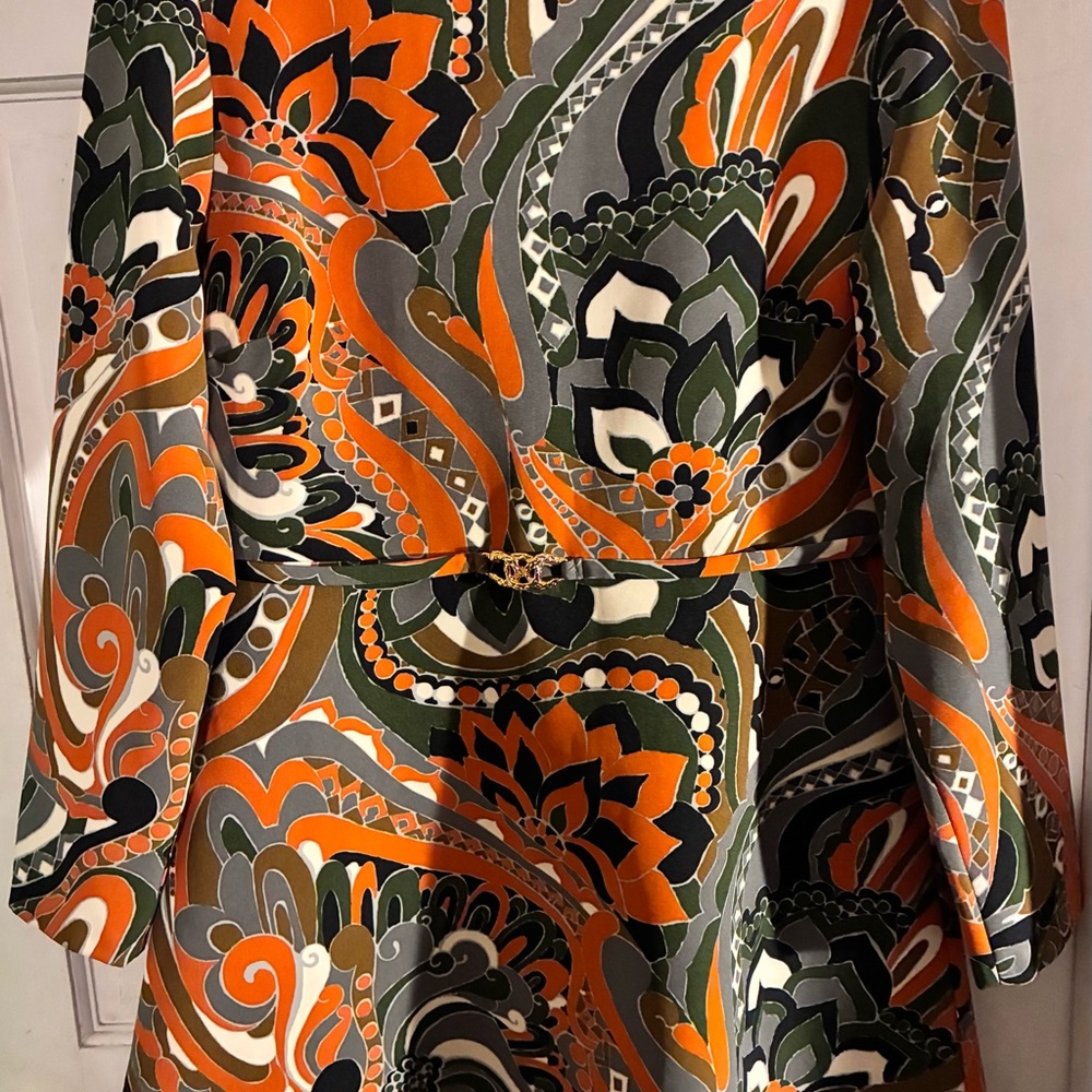 Zara Retro Swirl Long Sleeve Dress in Orange, Olive, Black, Gray, Cream